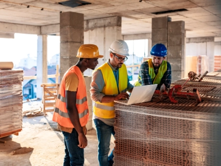 Construction workers on a building site reviewing site plans