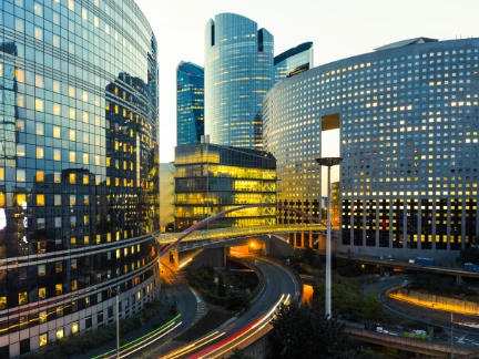 office buildings evening lighting roads