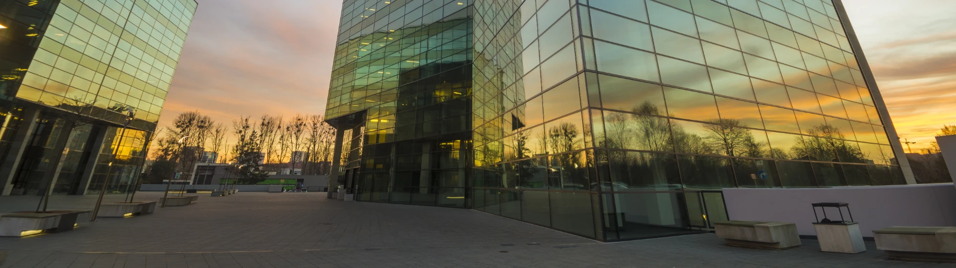 Global office building at dusk