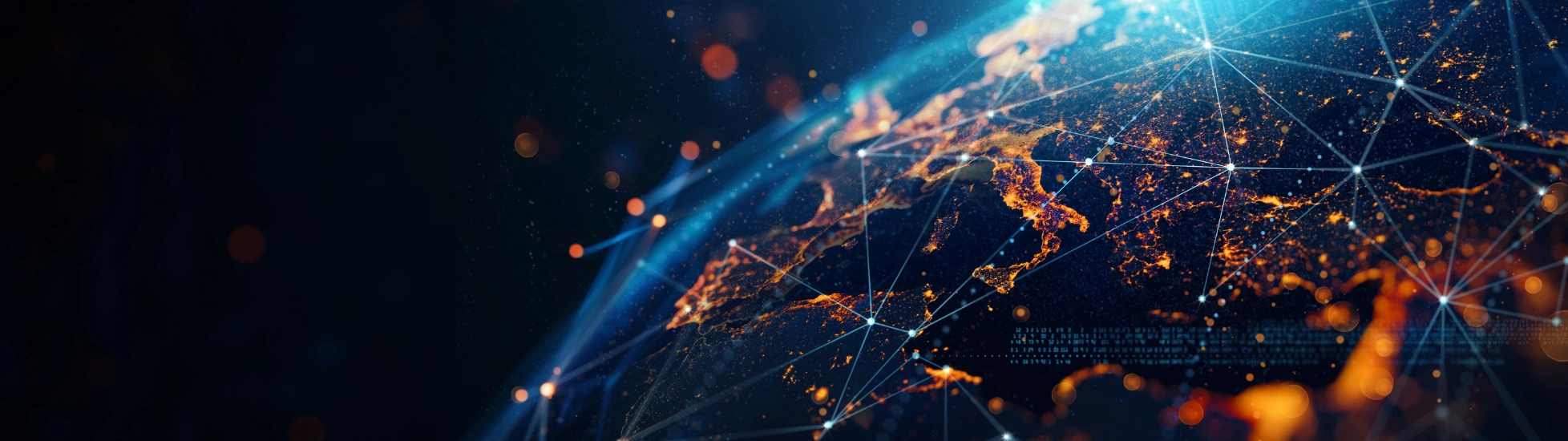 Close-up digital render of Earth showing Europe illuminated with city lights, overlaid with blue lines/bright nodes symbolizing global connectivity.